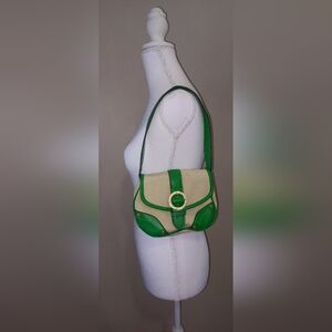 Issac Mezarahi Green and Cream Leather Shoulder Bag.